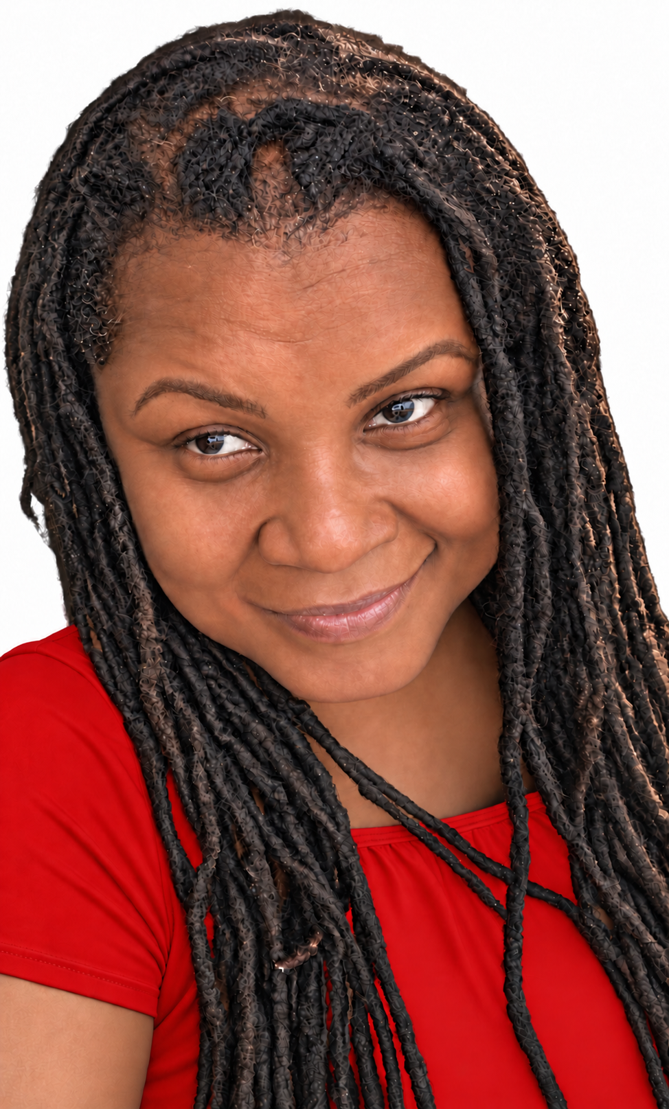 Jessica Pritchett smiling in a lipstick red top